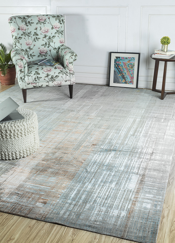 unstring by kavi grey and black wool and bamboo silk Hand Knotted Rug - RoomScene